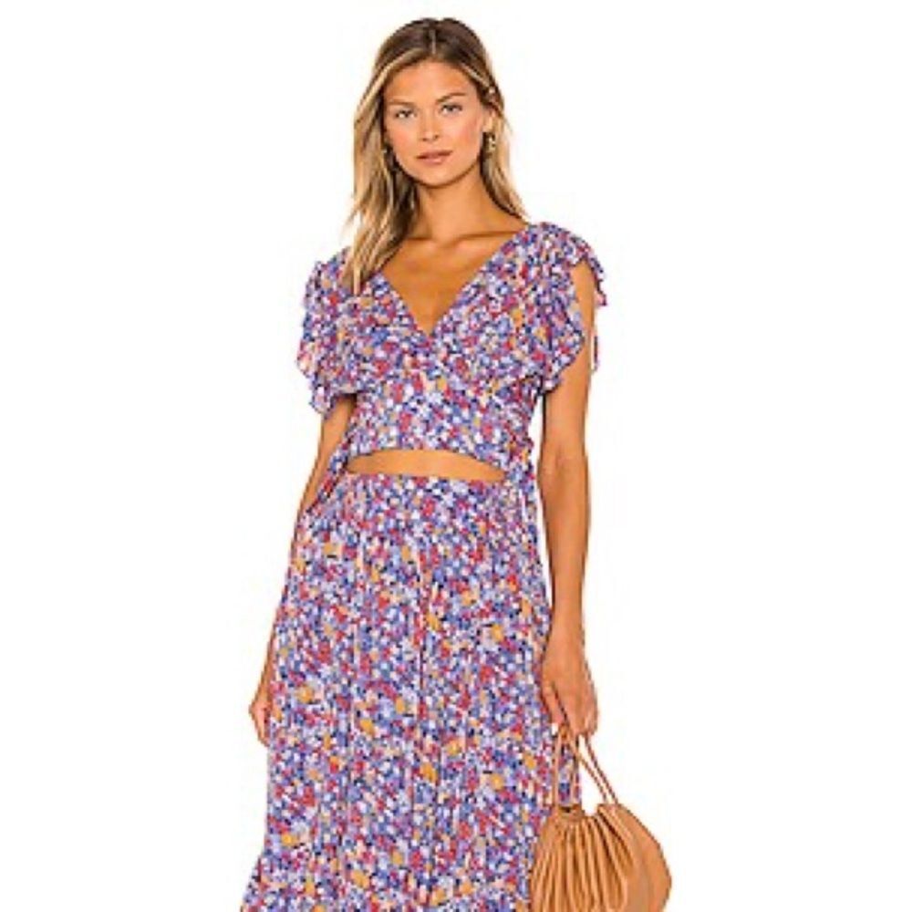 Free People Women's Pretty Days Floral V Neck Smock Top in Sky Combo Size XS - Picture 2 of 4